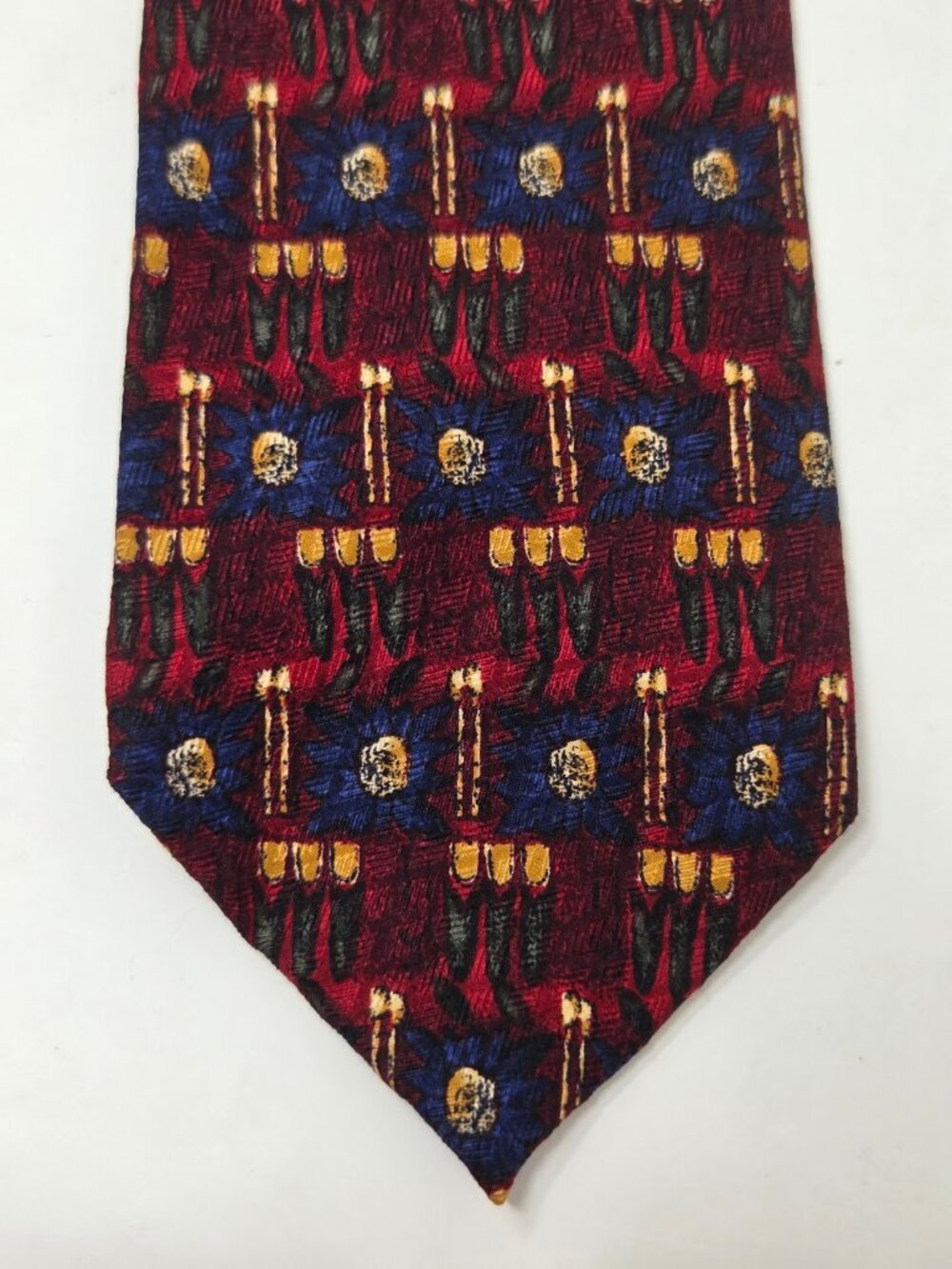 100% Silk Mark Shale Necktie Burgundy Blue Gold Abstract Pattern 59 Inch USA